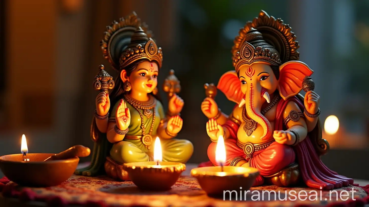 Intricate Statue of Indian Gods Laxmi and Ganesh Celebrating Diwali