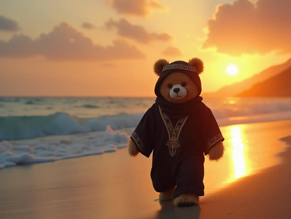 A monster teddy bear in black Arabian clothes, walking on a sea beach, sunset, waves is the sea, Cinematic view