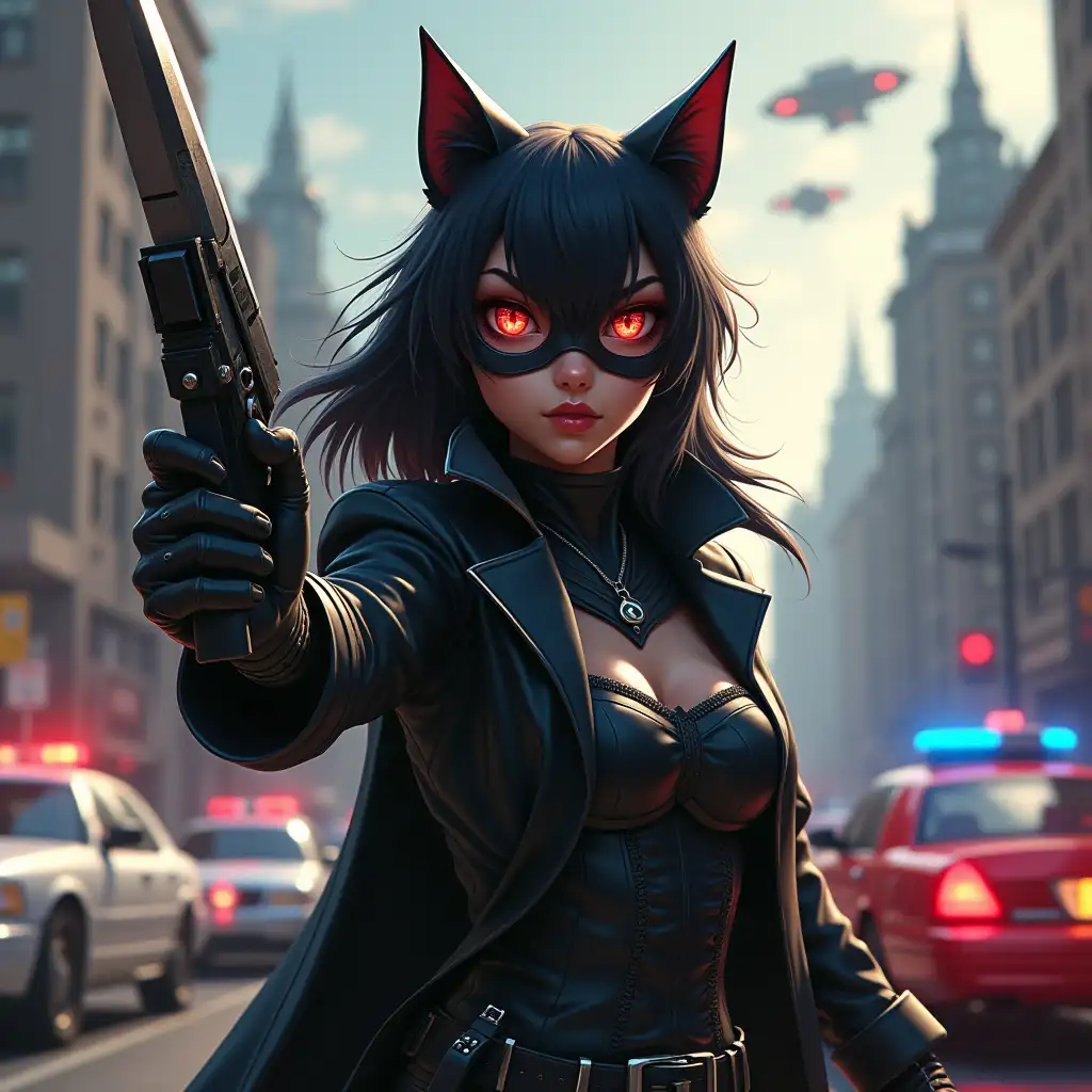 Cat girl,black dressing villain stuff,police cars ,police mans trying to shoot the cat girl villain,alien ships flying through the sky destroying everything they see,cat girl has an cool knife in her hand and in the other hand she has an even cooler gun with cool models on it.