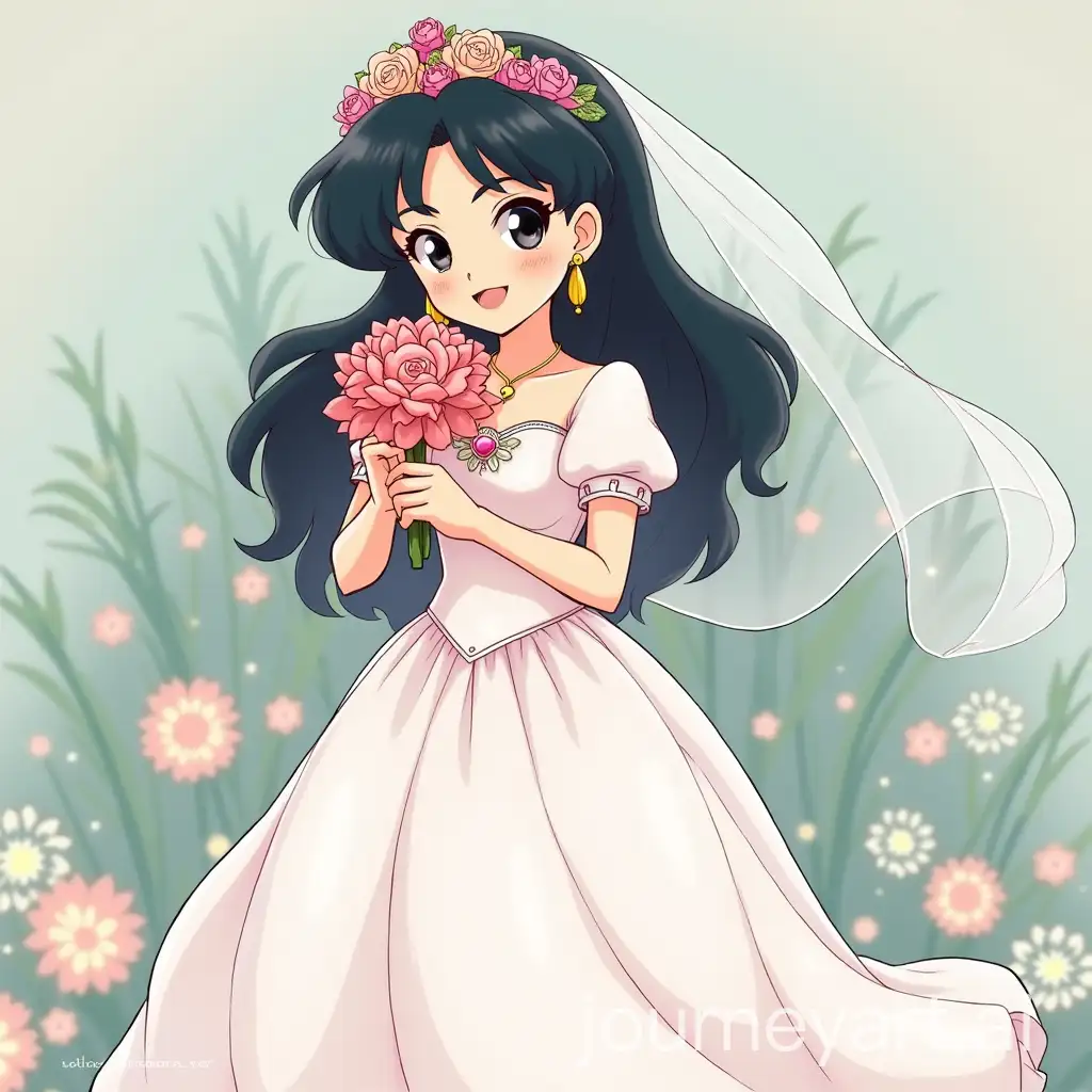 InuYashas-Jasmine-in-Wedding-Dress-Holding-Flower-and-Smiling