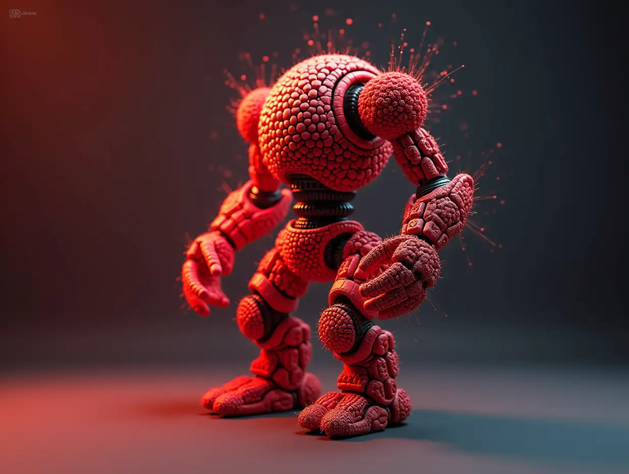 Create a high-resolution, realistic image of an artificial intelligence fractal red robot, on the photo studio floor at 4-k resolution.