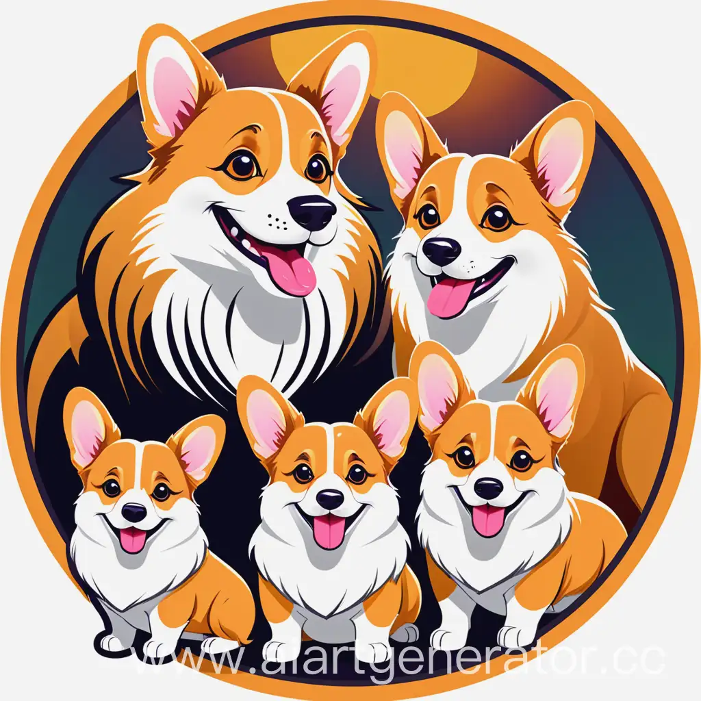 Circle logotypе with very happy Corgi family close-up, The Lion King style 