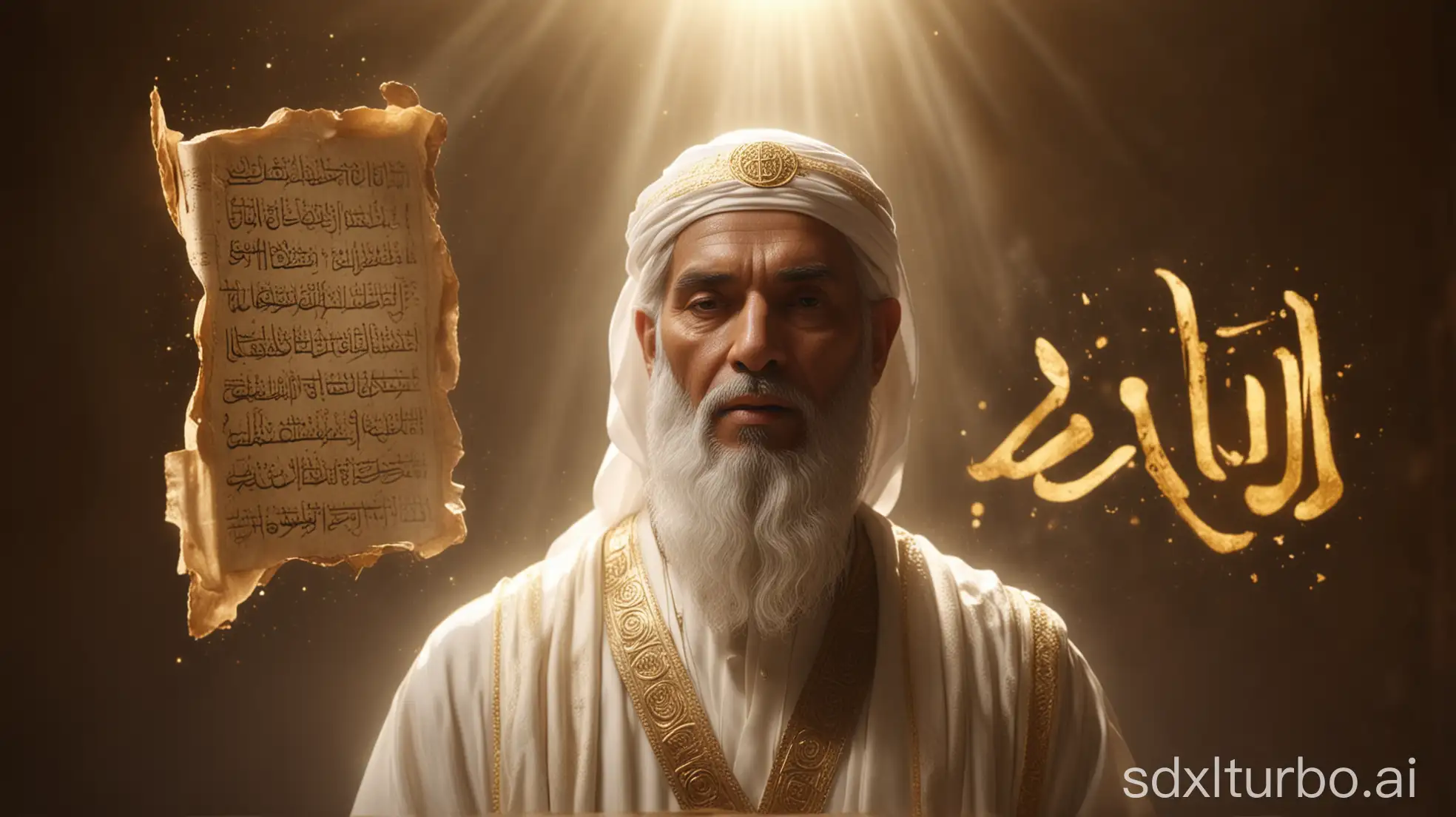 A holy Prophet figure (face not visible) standing in radiant light, delivering a divine message, ancient scrolls and glowing Arabic script floating in the air, soft golden and white divine light, Islamic spiritual theme, ultra-realistic, cinematic lighting