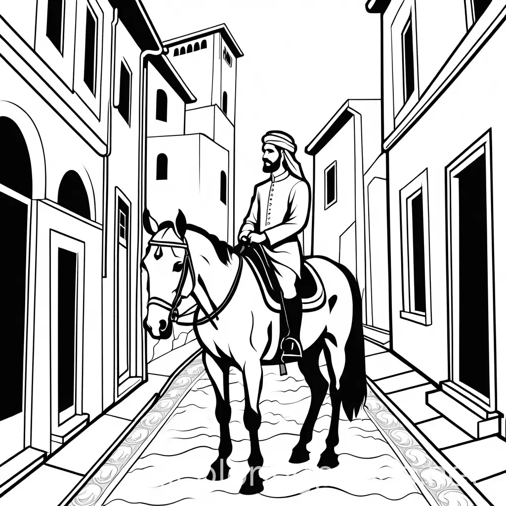 Arabian-Boy-Talking-to-Rich-Ruler-on-Horse-in-Old-City-Street