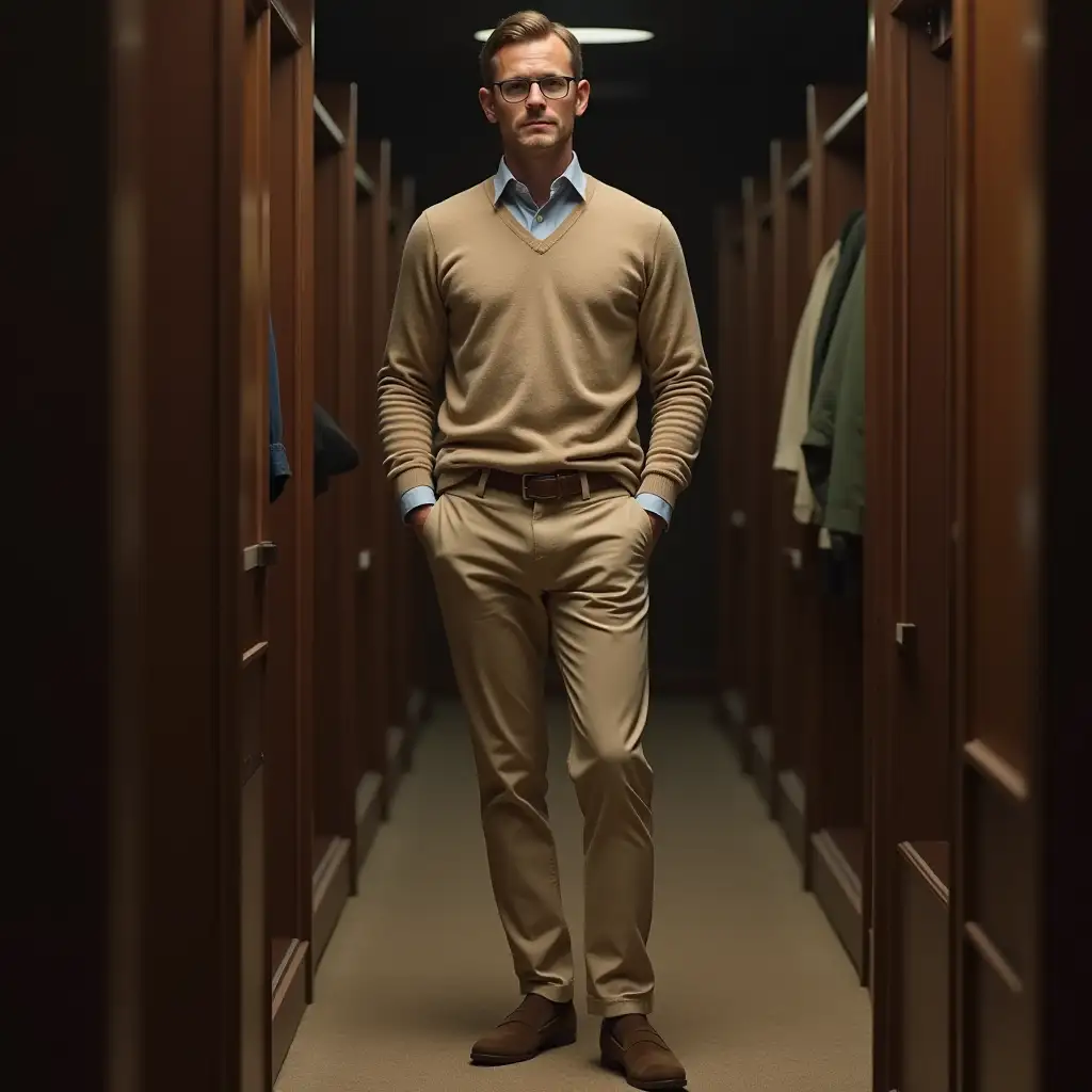 Ultra-realistic: Smart casual Old Money. Beige chinos, cashmere sweater, button-down shirt, suede loafers. Vintage dressing room, soft lighting, muted tones, understated sophistication, refined setting.