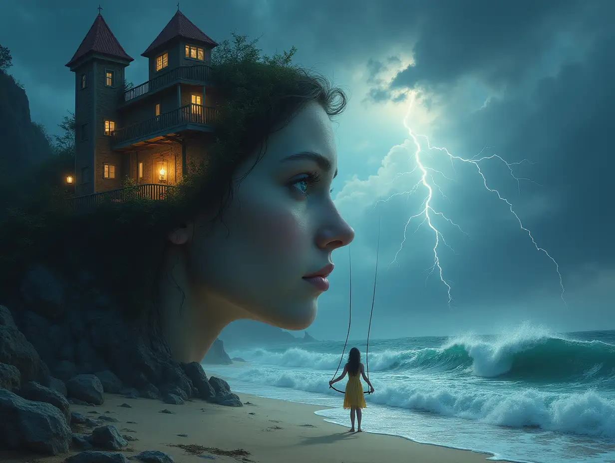 Face turning into a high building with terrace, lantern and hanging swing with a fairy on the beach with big stormy waves and lightning and clouds