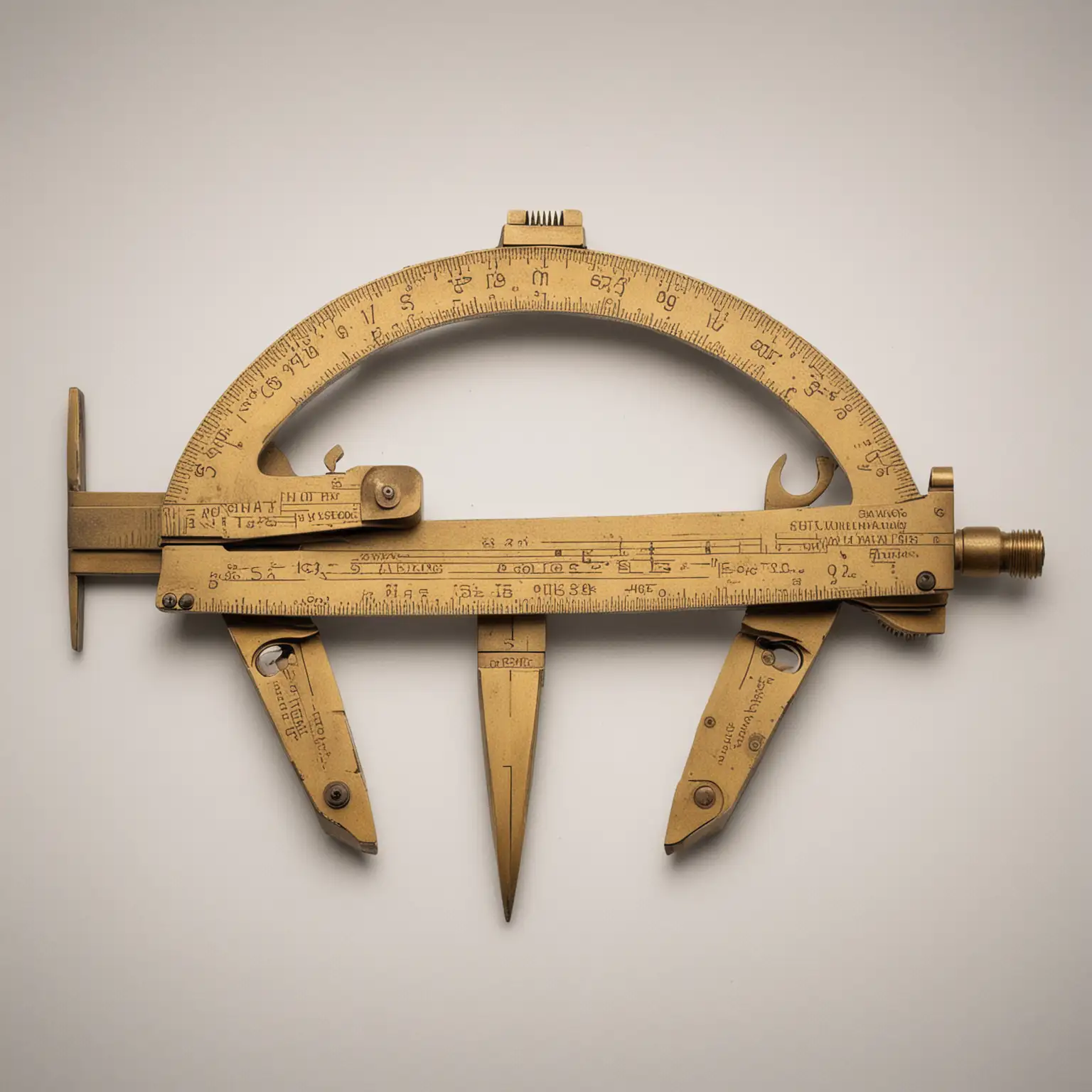 View strictly from above: 19th century brass naval caliper. White background.