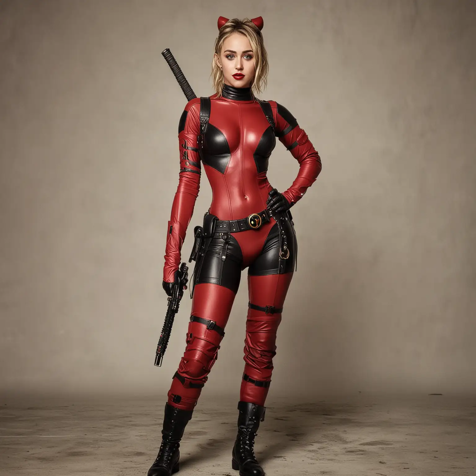 Miley Cyrus dressed as lady Deadpool with no mask on. full body