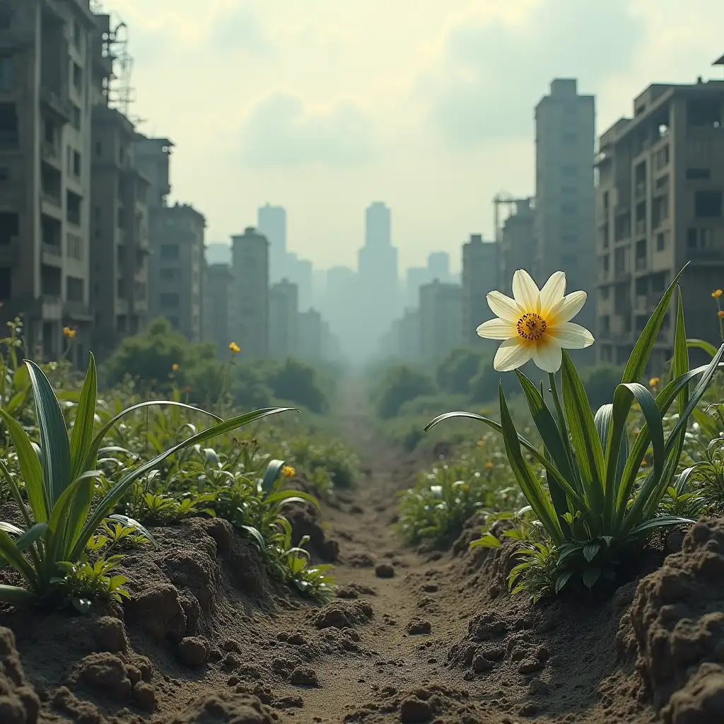 on the background of a city destroyed by bombing on the foreground through cracked earth pushing lily of the valley