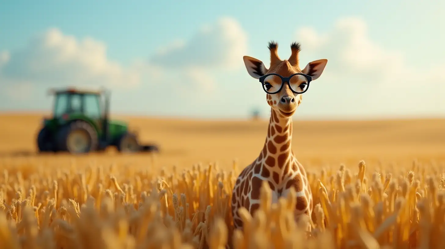 Baby Giraffe Wearing Glasses Driving a Tractor in a Field