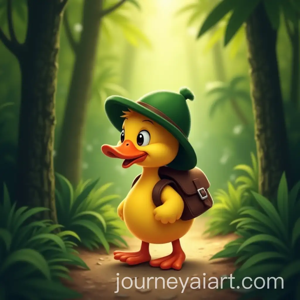 Yellow-Duck-in-Green-Adventure-Hat-Walking-on-Jungle-Path-with-Brown-Backpack