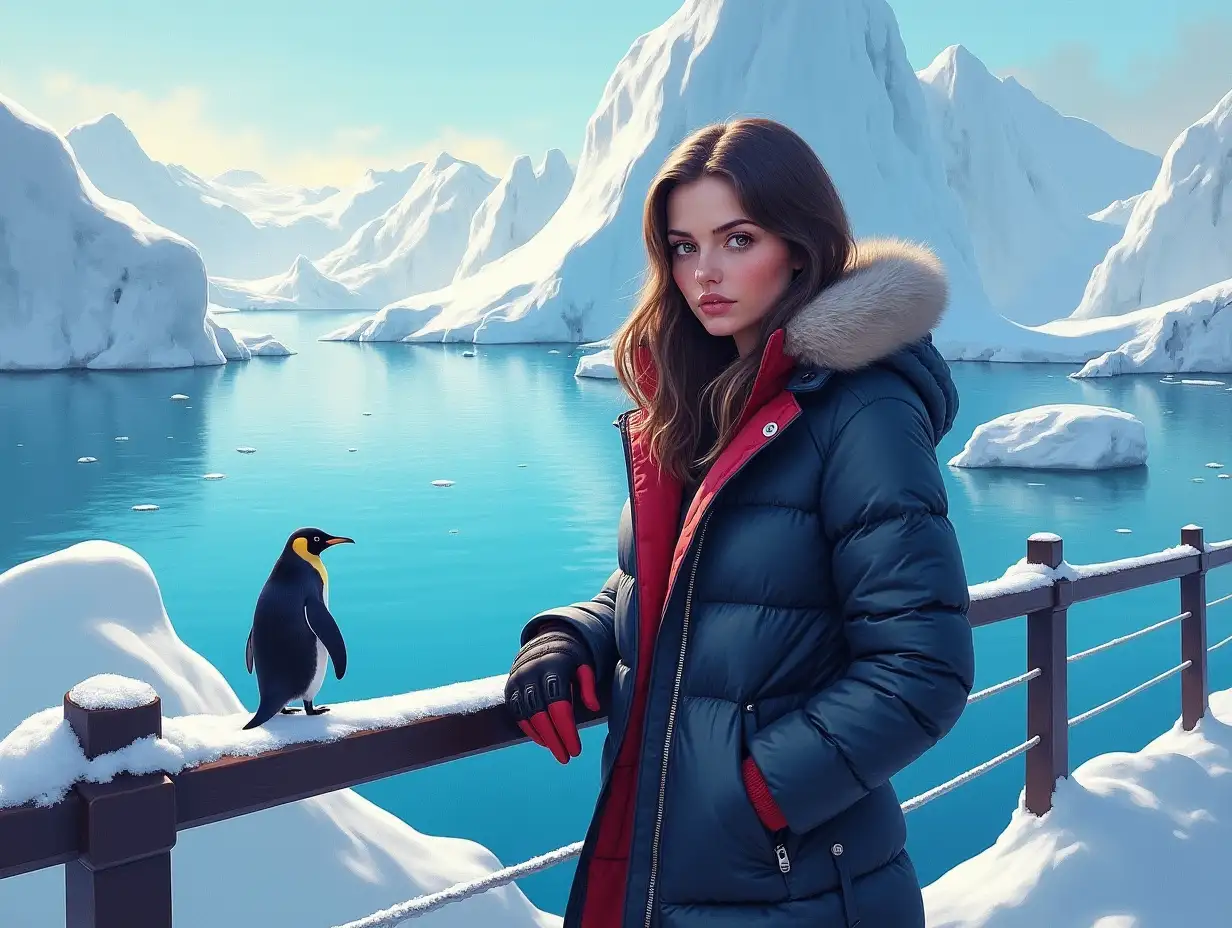 Ultra-detailed hyperrealistic portrait of a woman with a jacket, hood, gloves on a terrace overlooking the sea in Antarctica with a colorful, intricately detailed sea featuring icebergs and a penguin; elaborate, colorful scene with snow