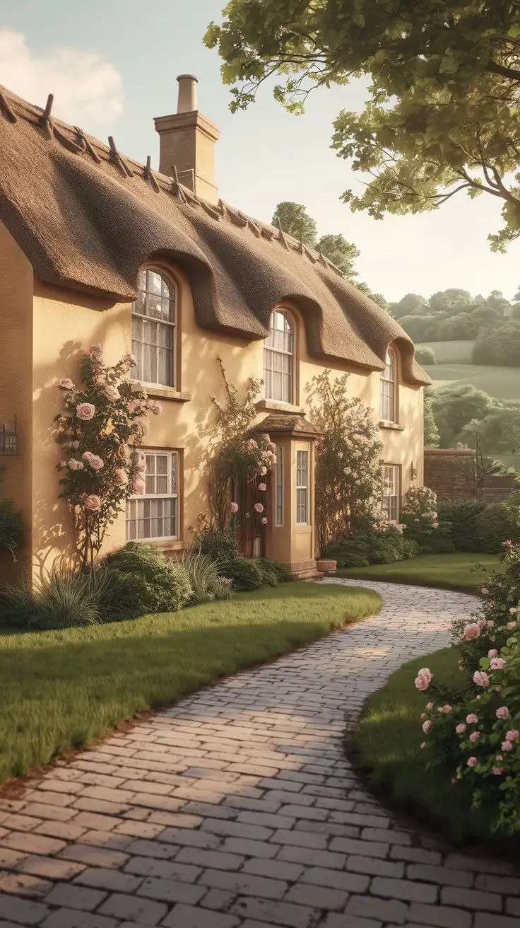 Wide open shot, exterior, mystical cottage of Cotswolds, England, golden hour, thatched roof, honey-colored stone walls, climbing roses, cobblestone path leading to the front door, lush green garden, rolling hills in the background, soft, warm light, enchanting, historical, detailed, photorealistic, 8k --ar 16:9