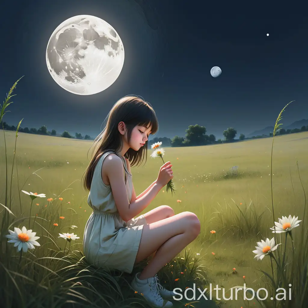 Girl stroking flower, grassland, round moon, sitting or standing