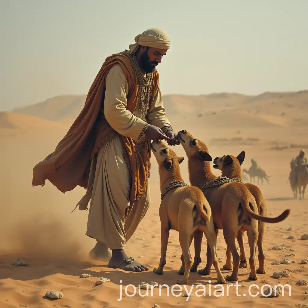 Man-Offering-Camel-to-Dogs-in-Desert-Landscape