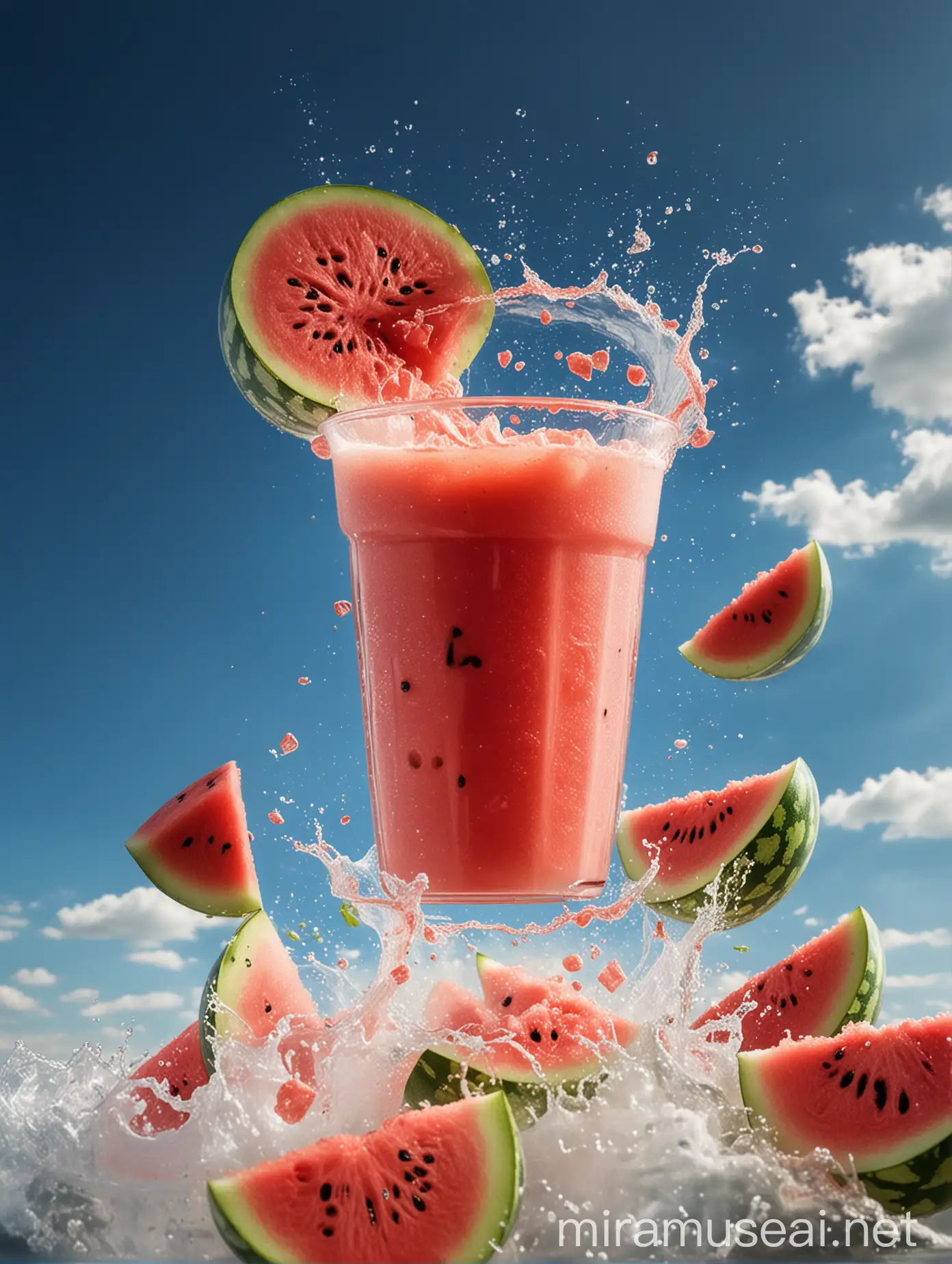 Refreshing Watermelon Juice Splash in Bright Blue Sky