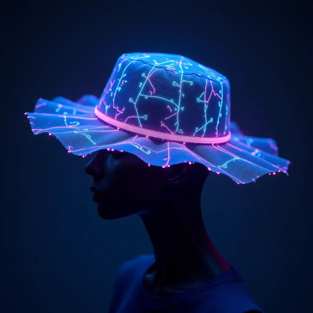 Design a math-themed hat that blends edginess with intelligence. The hat is made of transparent material with an embedded LED strip that is able to dynamically display various mathematical patterns such as Lorentz attractors and Mandelbrot sets. The brim is designed with an irregular fractal edge, symbolizing infinite complexity. The overall color is a gradient of blue and purple, creating a mysterious and futuristic atmosphere. The back of the hat hides a small electronic screen that scrolls math quotes and formulas to inspire the wearer and viewer.