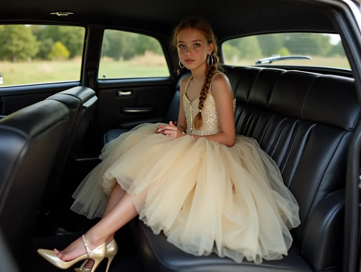 Tween-Communion-Photoshoot-in-Golden-Corset-Dress-on-Vintage-Limousine