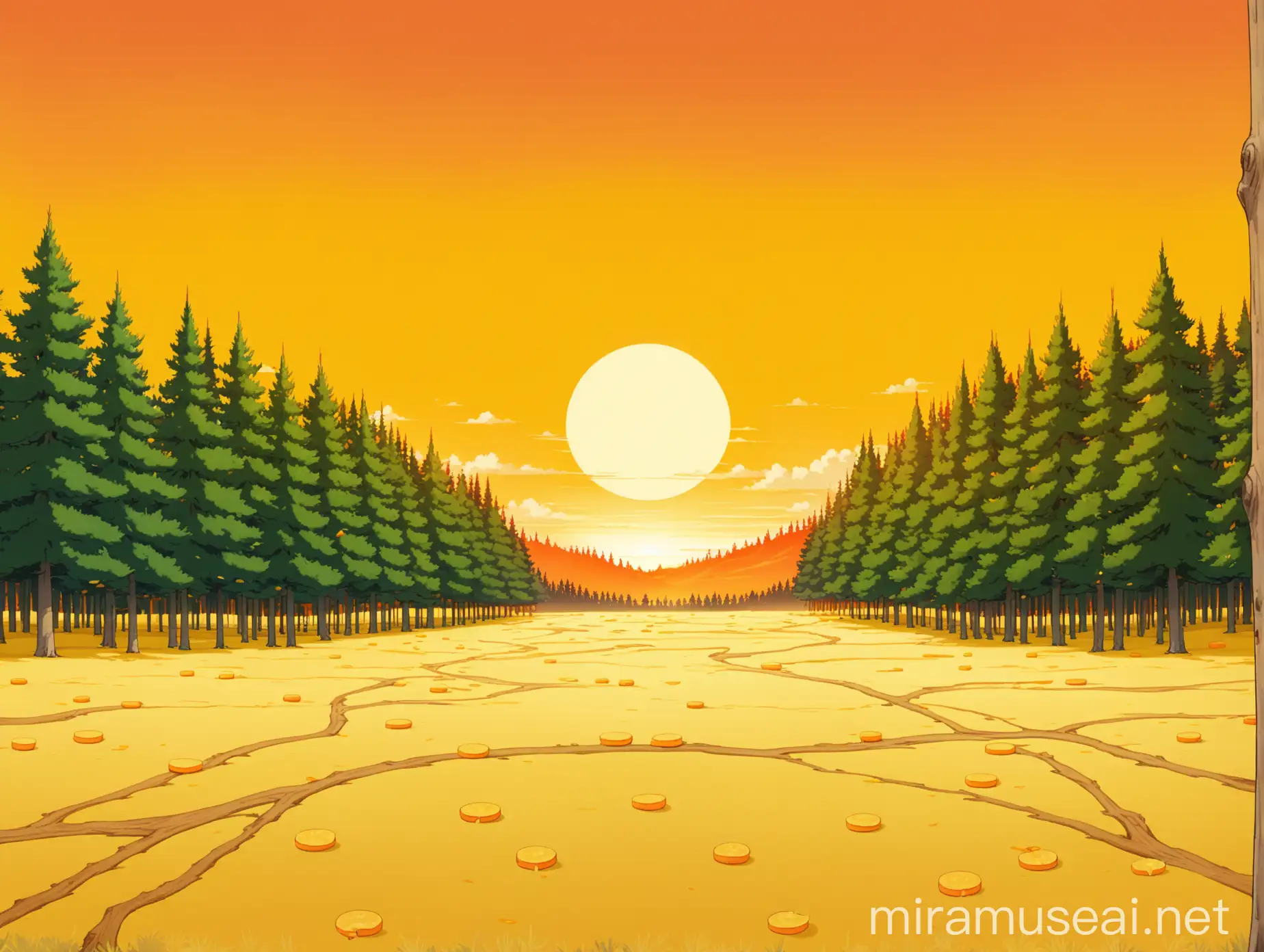 a (((natural landscape))) where the (((ground is orange))), and in front there is (((a yellow sea))). There are (((carrot-shaped trees))). (((yellow pines with lemon-peel trunks))). and (((fir trees with cheese-shaped fruits))). (((orange sky))). in epic anime