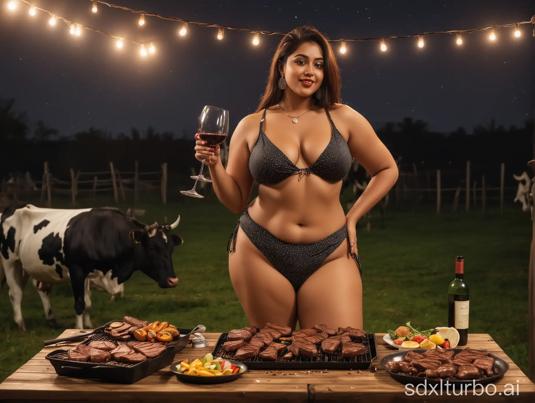 Indian-Woman-Enjoying-Barbecue-Steak-and-Wine-Outdoors-at-Night