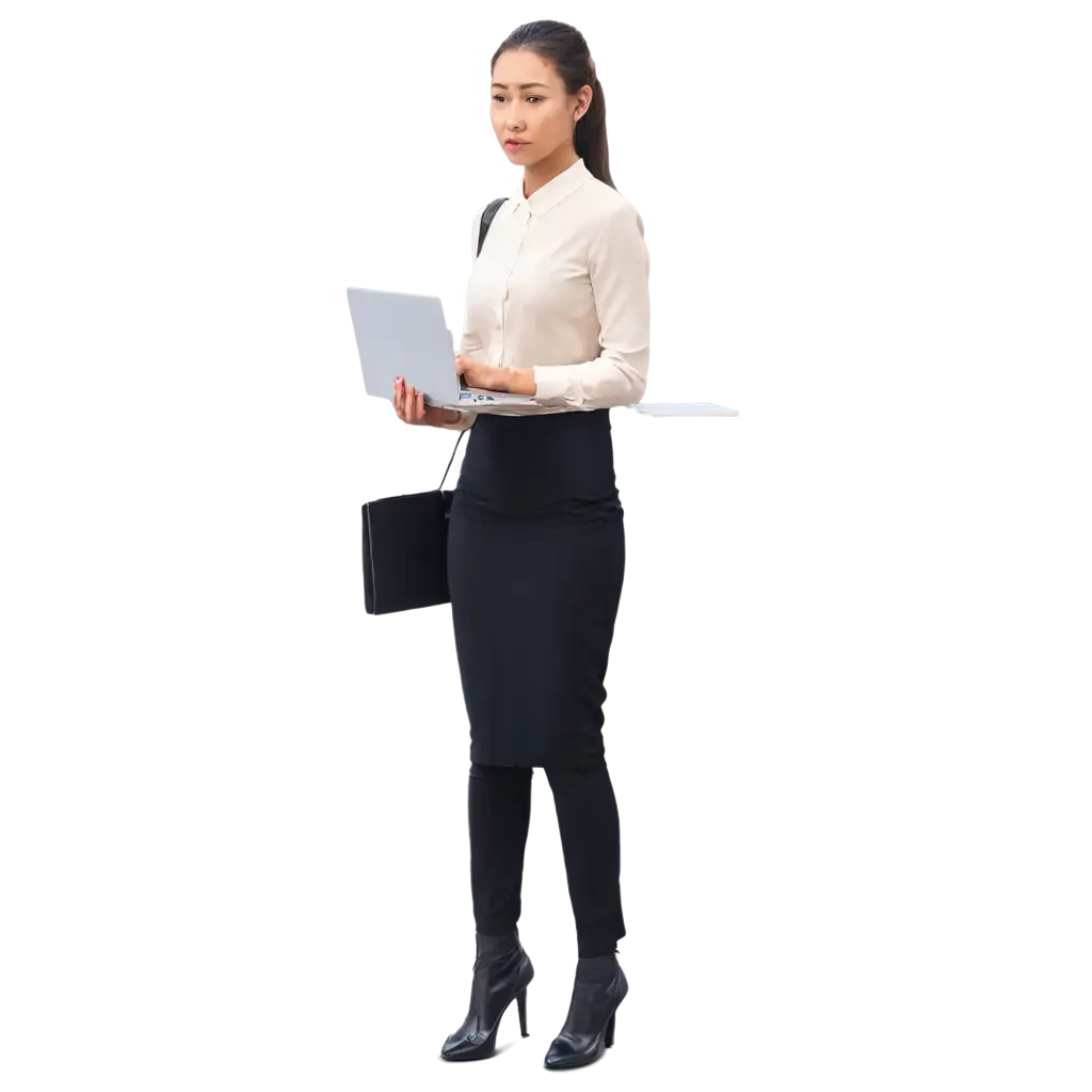 Professional-Receptionist-Standing-with-an-Opened-Laptop-PNG-Image