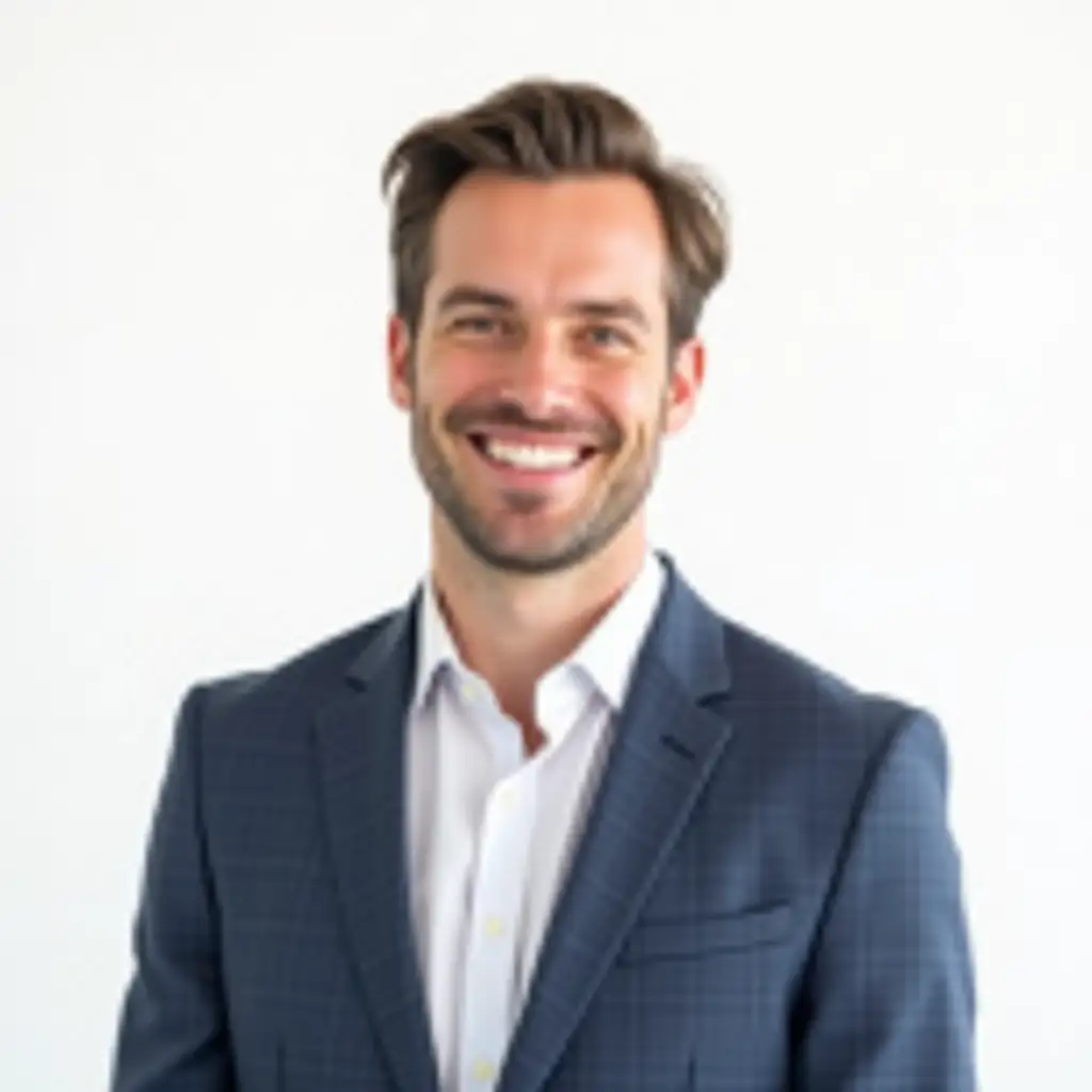 a realistic photo of a white 40-year-old male realtor in a business suit and shirt on a white background, the man is smiling