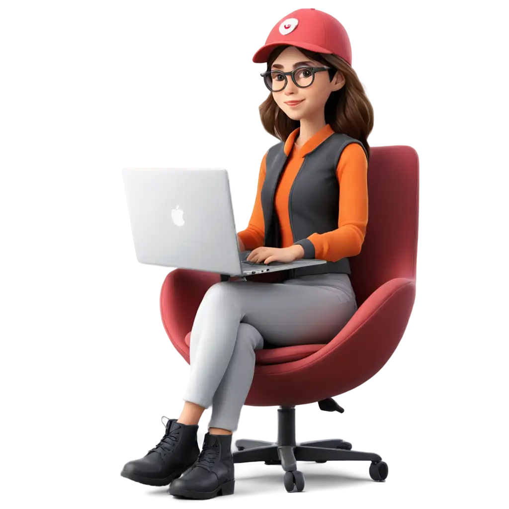 HighQuality-PNG-Image-of-a-Girl-Working-on-Apple-Laptop-with-Cap-and-Specs-3D-Illustrative-Style