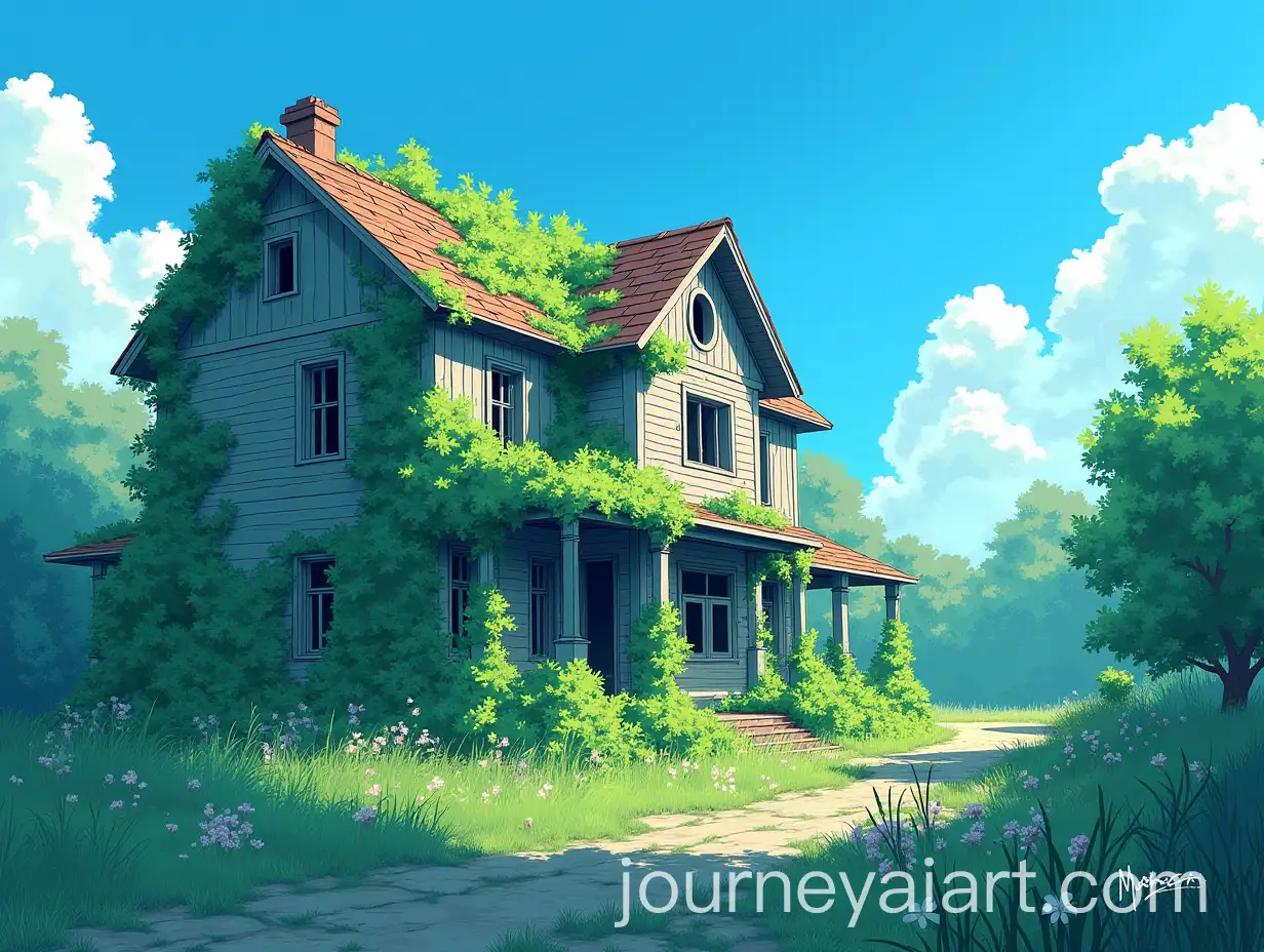 Abandoned-House-Overgrown-with-Nature-Under-a-BlueAI-Art-Prompt-Expansion-Sky-Anime-Art-Inspired-by-Makoto-Shinkai-and-Studio-Ghibli