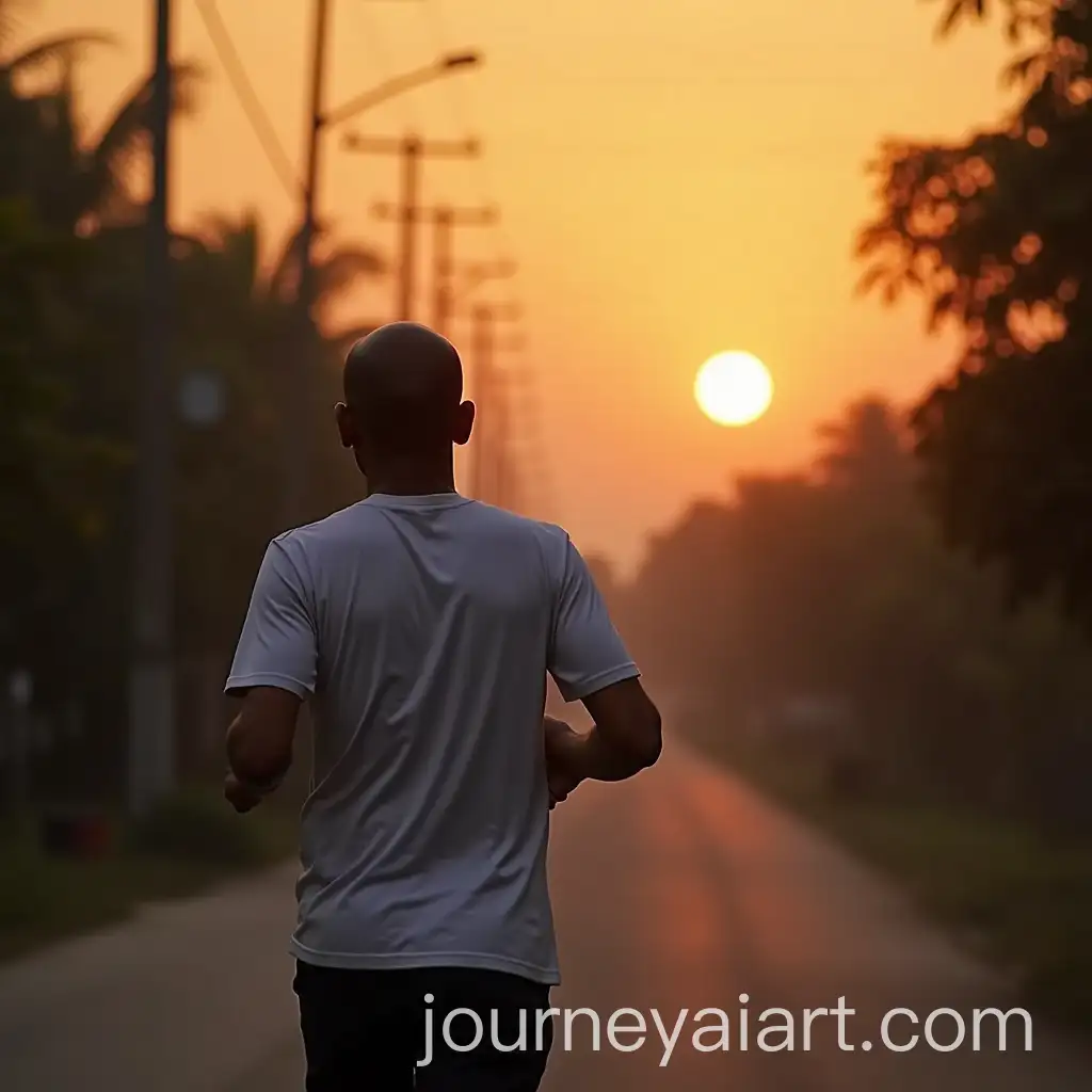 Bald-Indonesian-Man-Jogging-at-Sunrise-on-Rural-Street