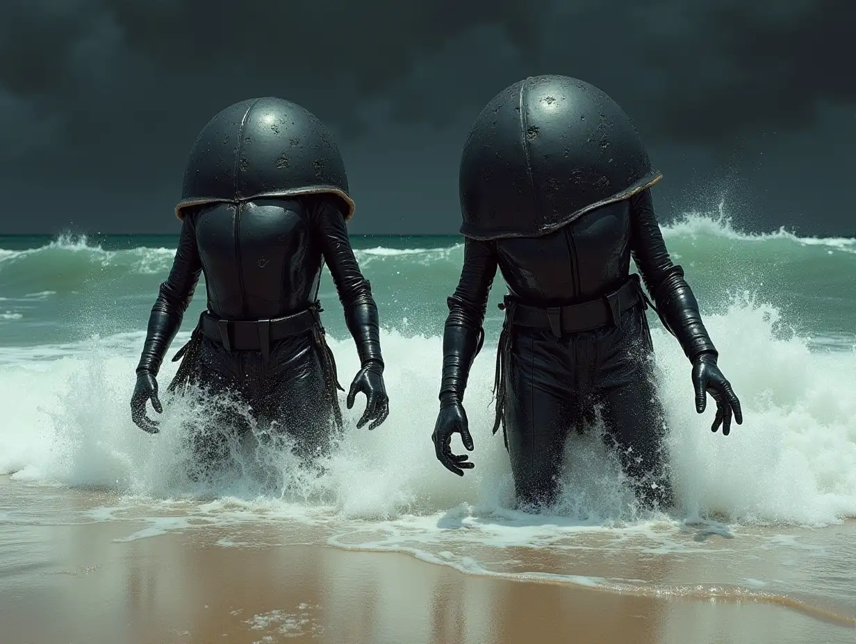 Surreal-Dark-Fantasy-Two-Black-Armored-Beetles-in-Rough-Sea