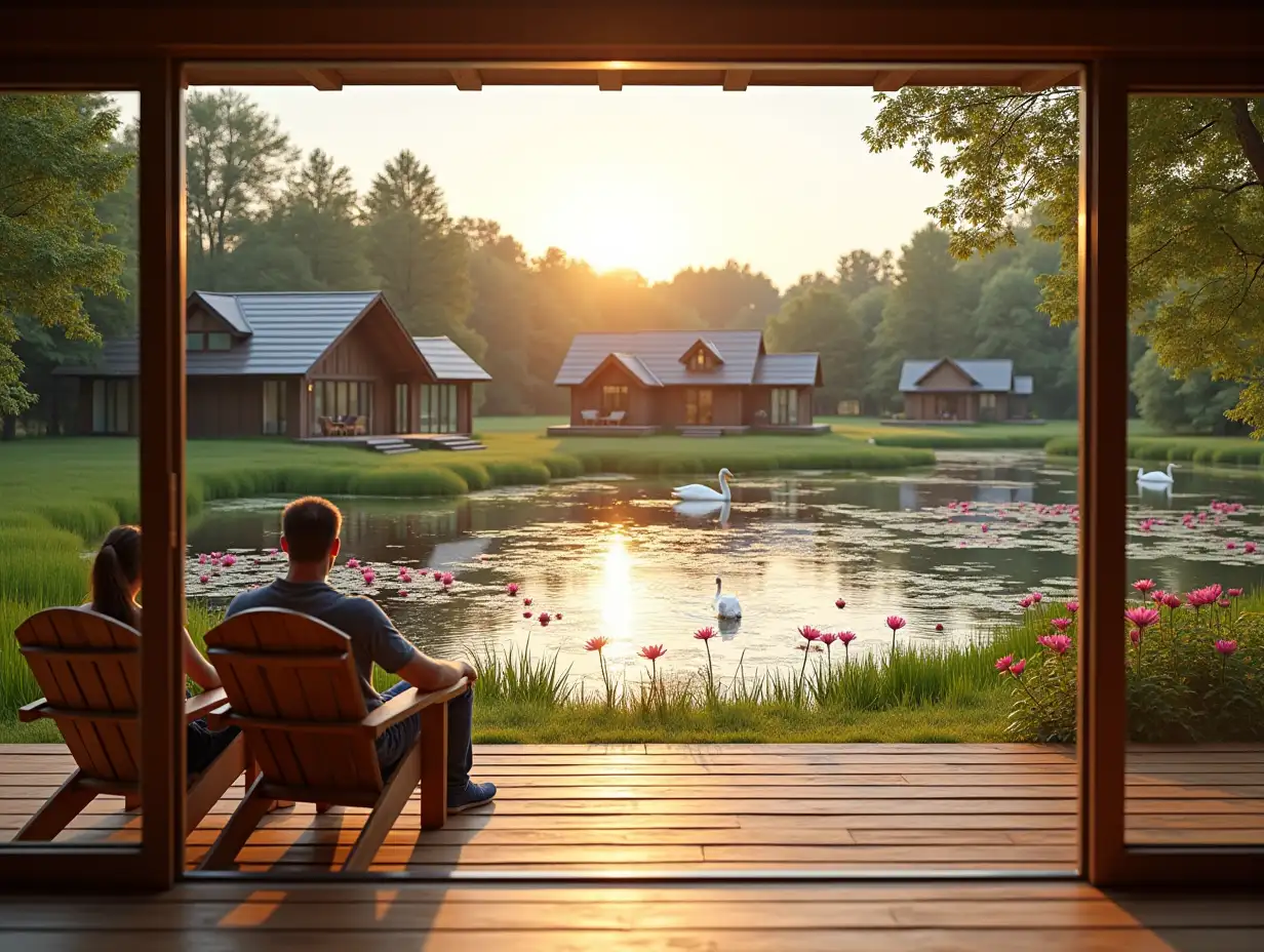 A family is sitting a little distantly in the frame - dad, mom, and child on Adirondack chairs located on a wooden terrace, a view of them as if from a house through a panoramic open window from floor to ceiling and full width, it all happens on the shore of a huge eco-pond with crystal clear water and large pink water lilies and natural gentle grassy banks with a bioplat from the highest lake plants that look like wild ponds, and a couple more swans swim in a pond near the shore, and on the other side there are only 3 small one-story houses located at some distance from each other and away from the shore of the pool, these houses have the appearance of a one-storey chalet with a gable roof, built from a wooden beam system consisting only of vertical wooden beams and only in the half-timbered style between glass beams - only with glass walls - with panoramic windows in all walls from floor to roof, that is, each wall is a panoramic window, at sunset and the glare of sunset light, the foreground is in focus, and the background is blurred, realistic