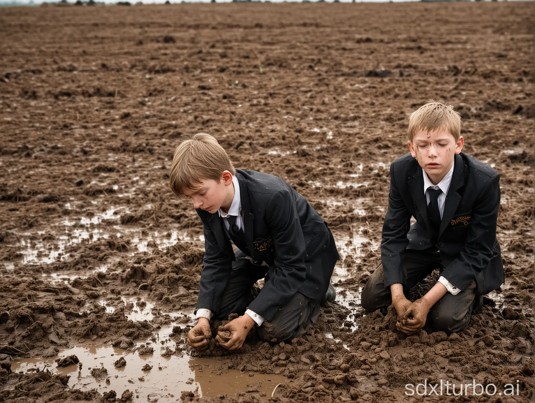 two 13 year old boys wearing black school blazers and black trousers crawling crouched on haunches on hands and knees asleep eyes closed on the ground in a very muddy farm field