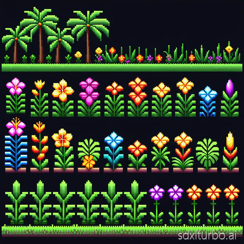pixel art, 8 bit, row of different tropical flowers, game, sprite