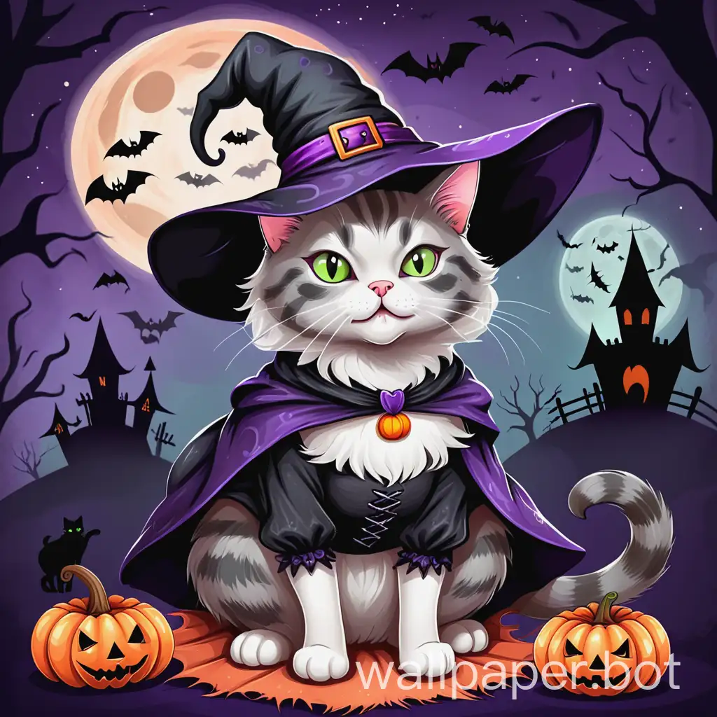 a cat in a witch costume with a halloween background in a painted style