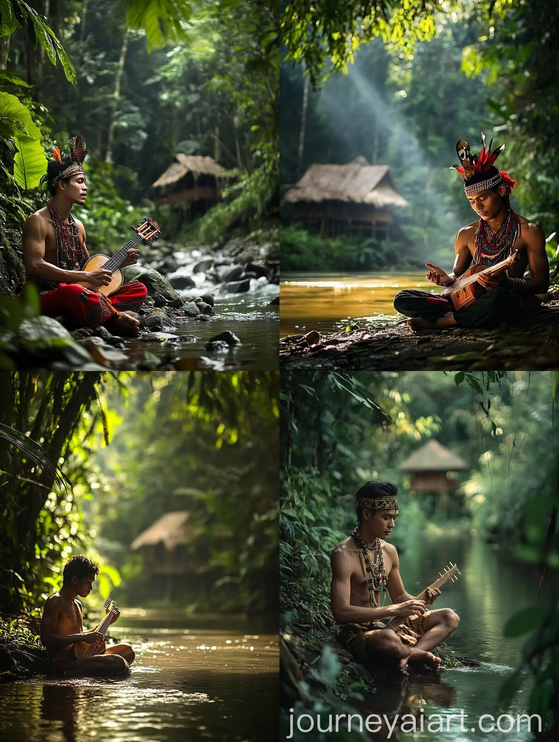 Dayak-Man-Playing-Kecapi-by-Serene-River-in-Kalimantan-Rainforest