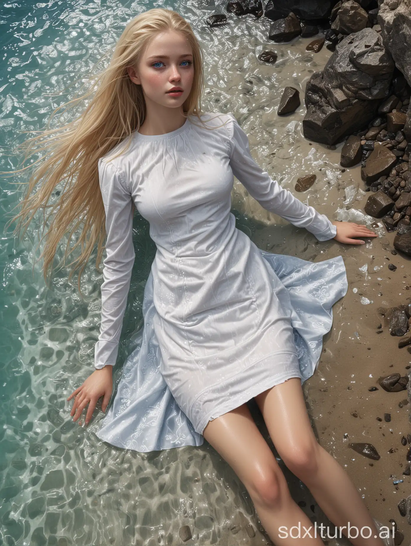 Young-Woman-Lying-on-Caribbean-Shoreline-in-White-Dress