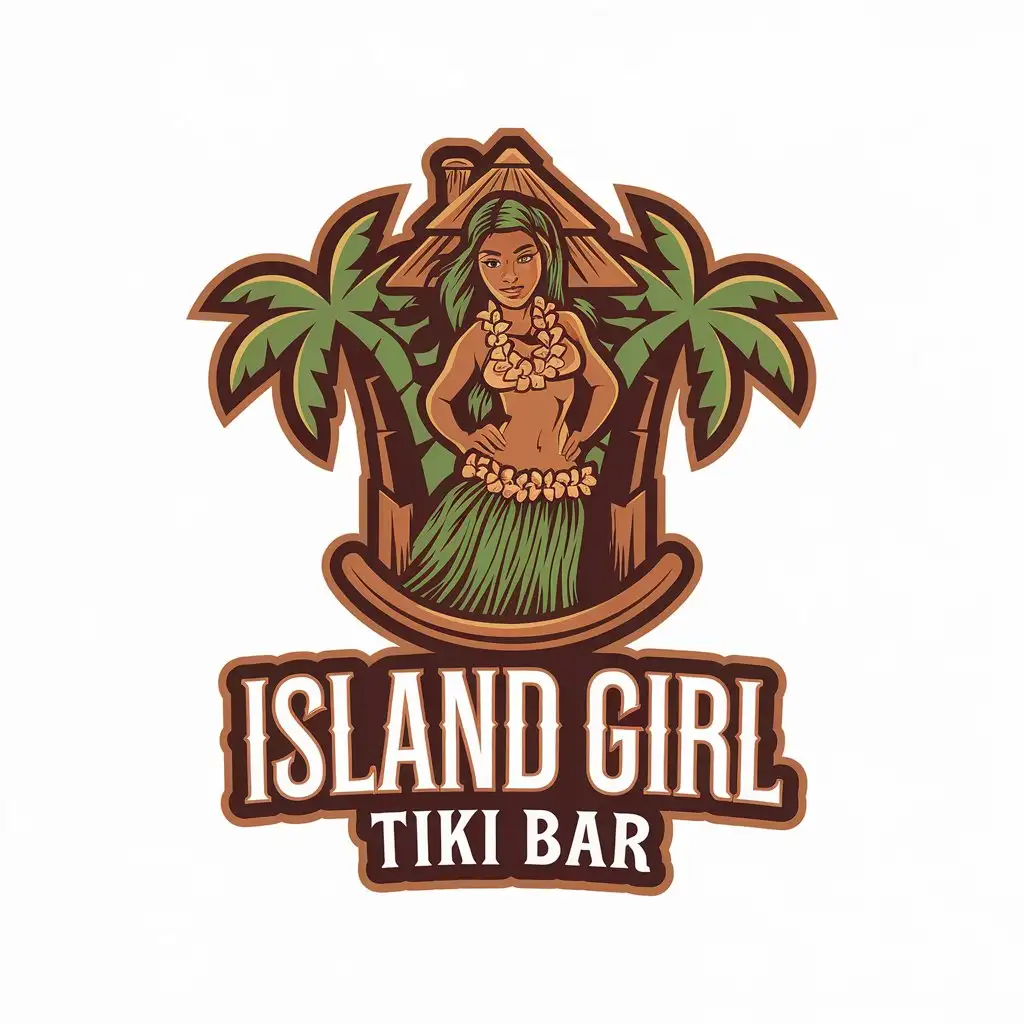 LOGO Design For Island Girl Tiki Bar Modern Tropical Style with Palm Trees and Tiki Hut Theme