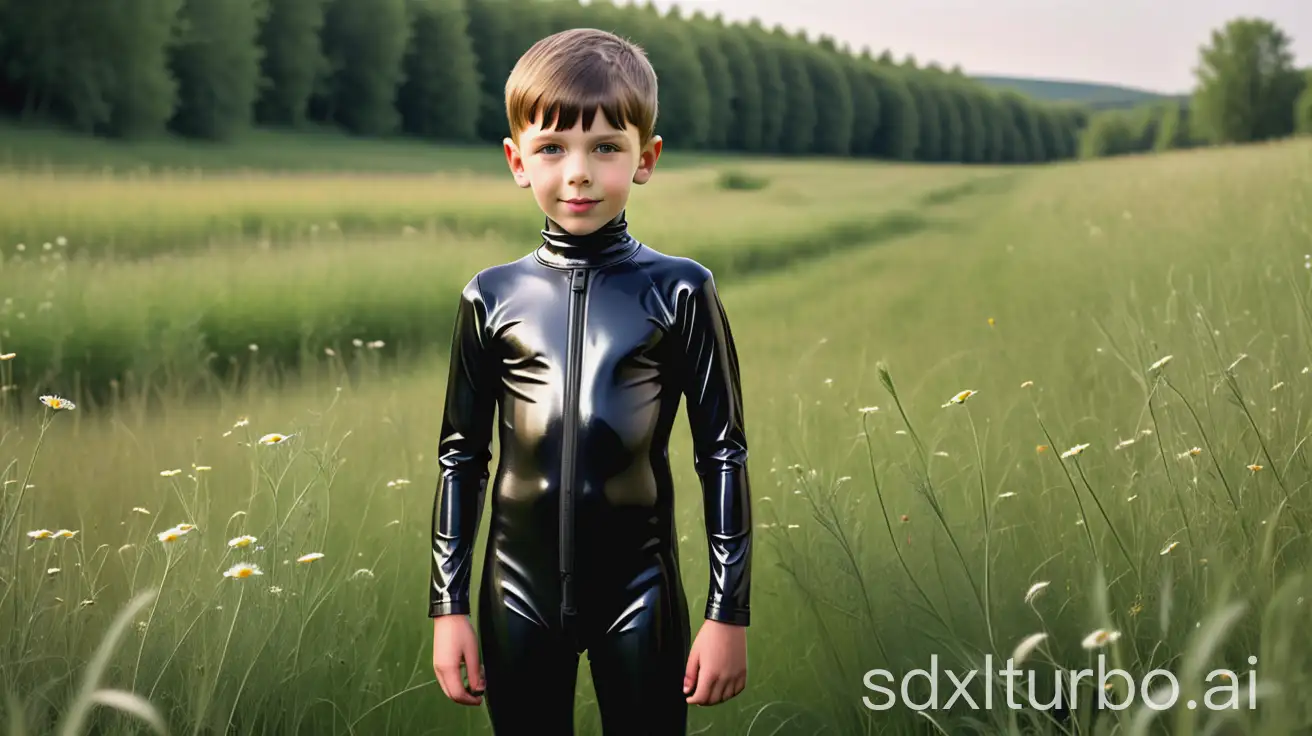 6 yo short-haired boy in a tight black shiny full rubber suit in a meadow