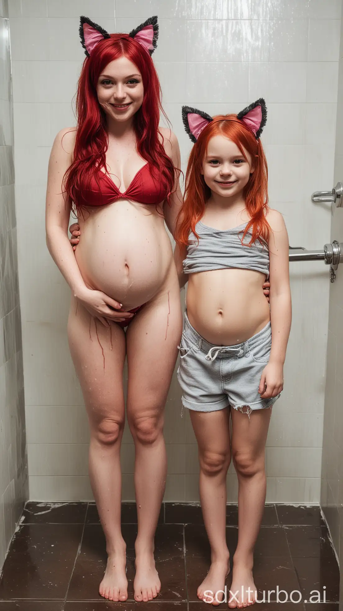 Pregnant-Mother-and-Teen-Daughter-with-Cat-Ears-Smirking-in-Shower