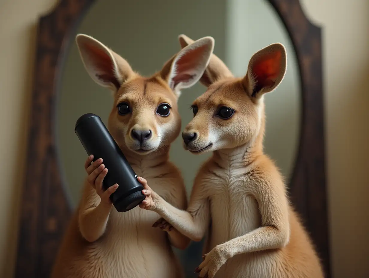 Create an image of a kangaroo team holding a cell phone in their hand, in front of a mirror.