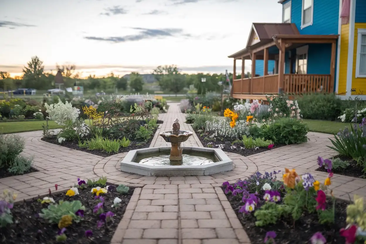 Vibrant-Flower-Garden-with-Fountain-and-Colorful-House-in-the-Background