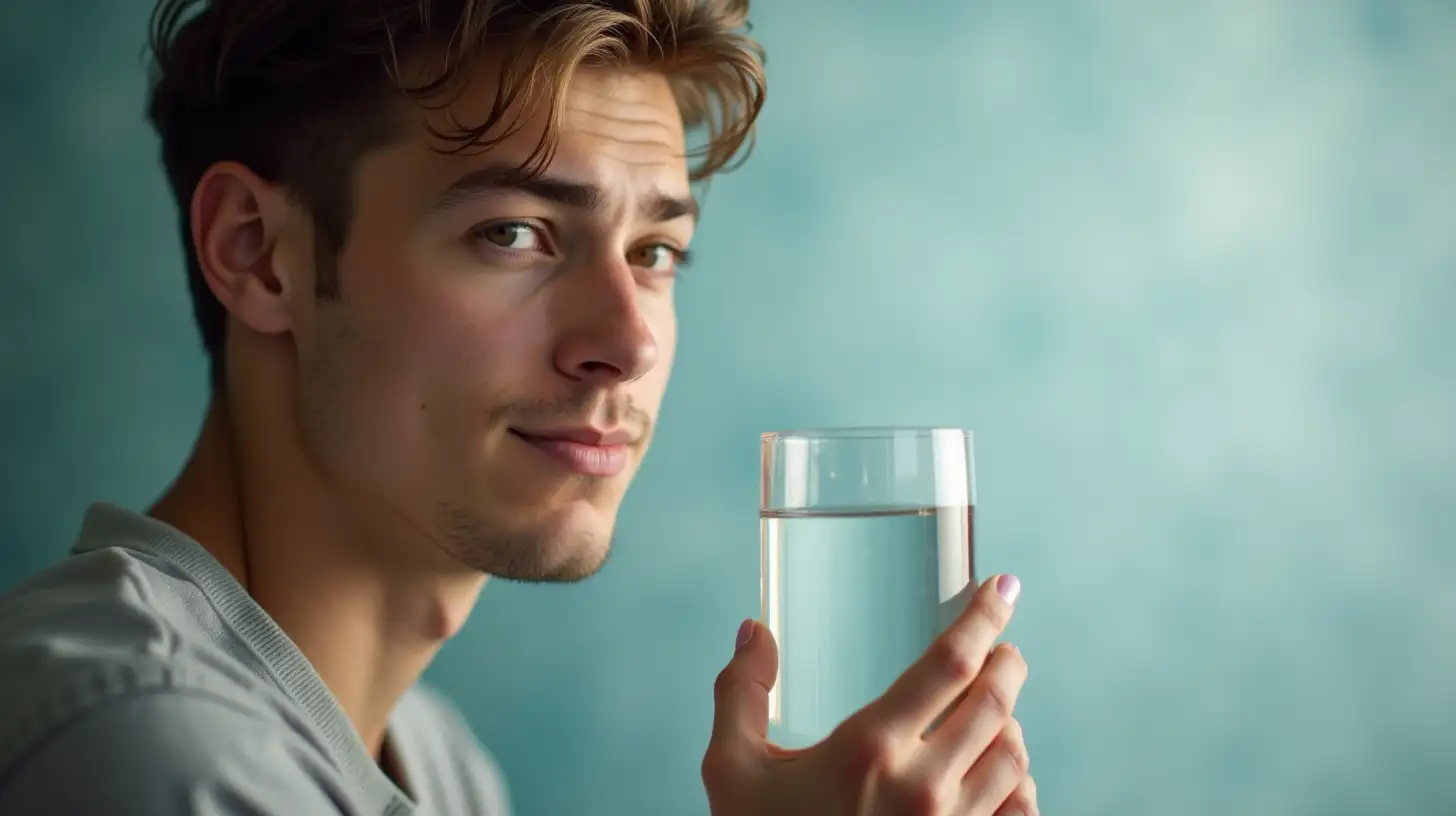 Young Man Experiencing Inner Peace While Contemplating a Glass of Water