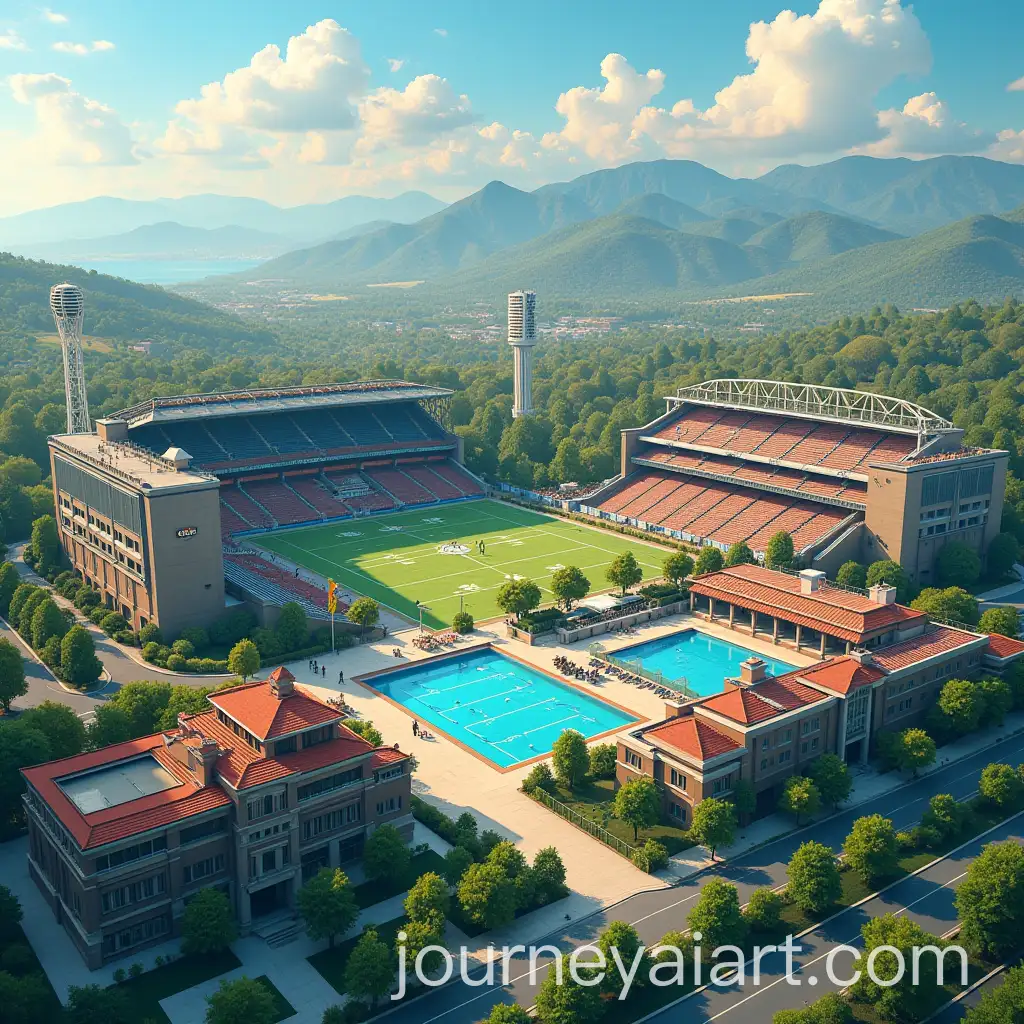 Aerial-View-of-Vibrant-Neighborhood-with-Sports-Stadiums-Shopping-Centers-and-Leisure-Parks