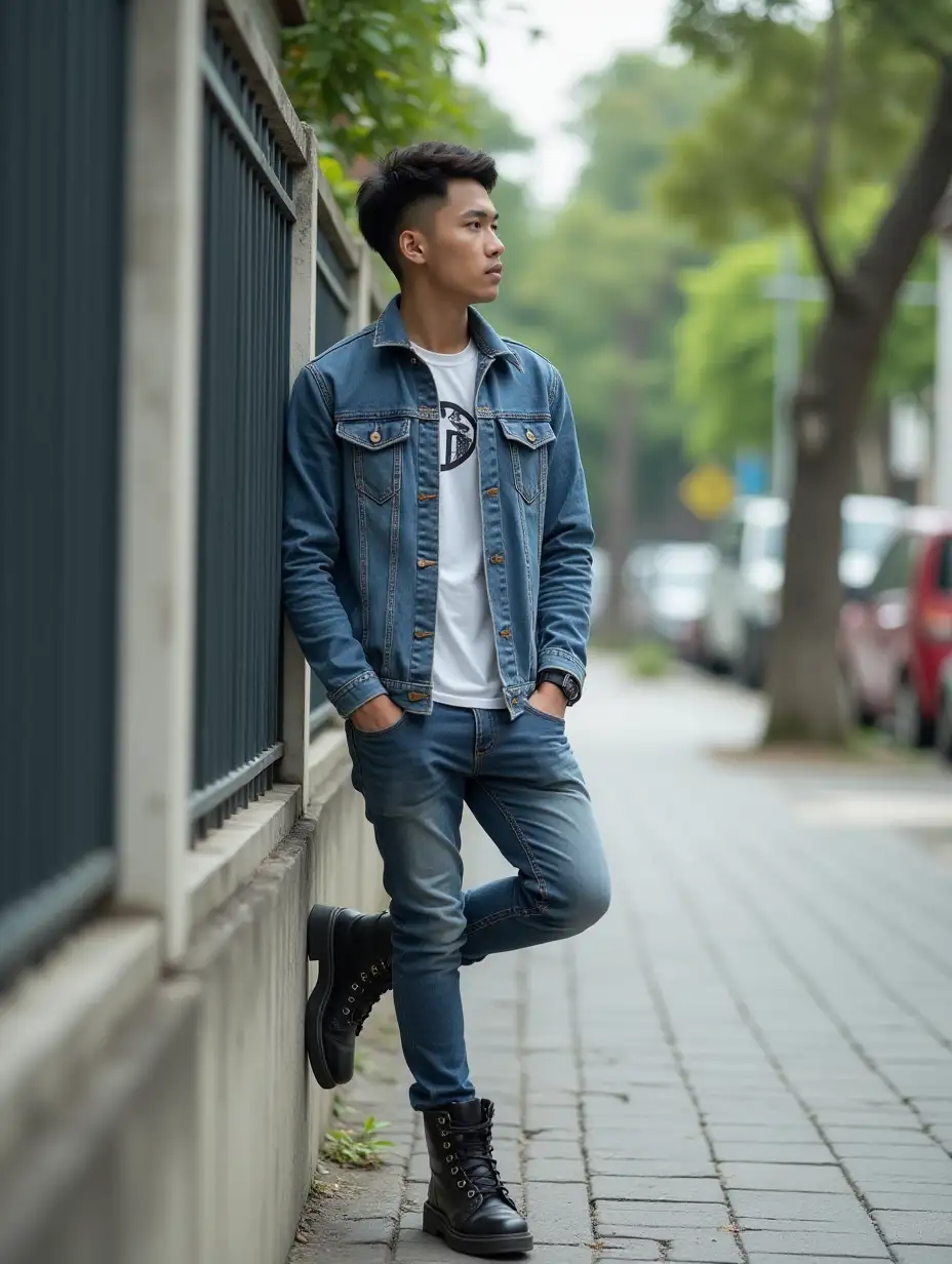 A young Indonesian man in a t-shirt and jeans jacket, wearing jeans and black tactical boots, is leaning against a sidewalk curb while looking at his surroundings