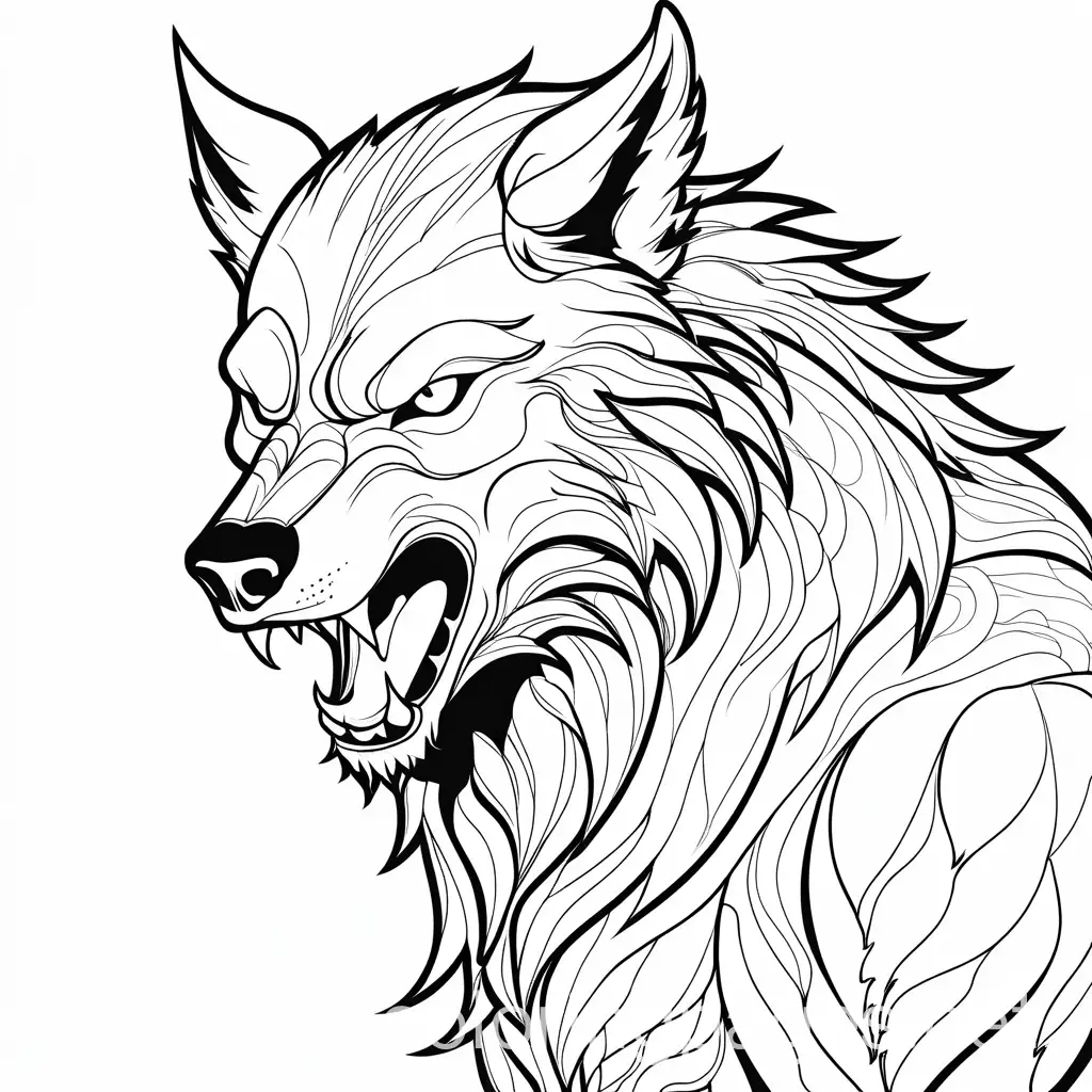 Line art. Werewolf, Coloring Page, black and white, line art, white background, Simplicity, Ample White Space. The background of the coloring page is plain white to make it easy for young children to color within the lines. The outlines of all the subjects are easy to distinguish, making it simple for kids to color without too much difficulty