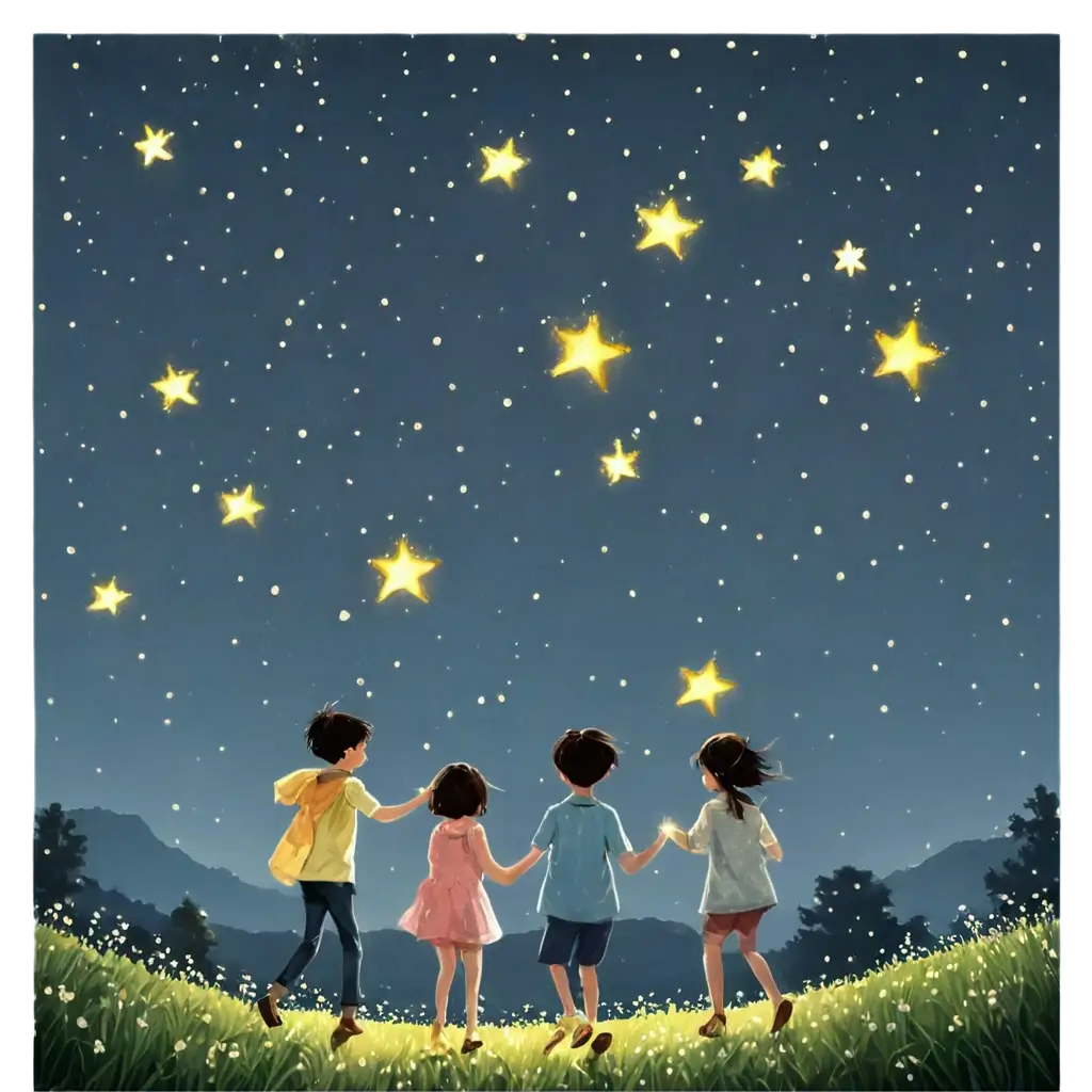 A rural area full of fireflies where children are holding star-shaped lanterns running and jumping