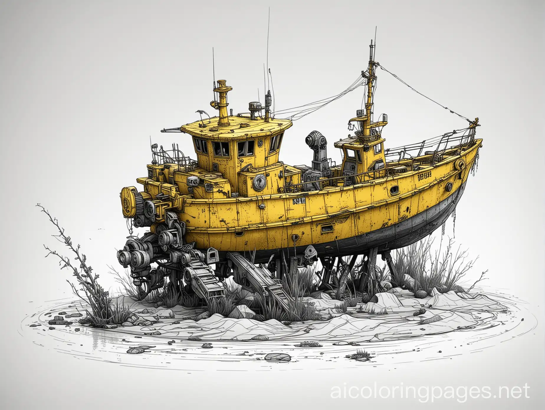 Post-Apocalyptic-Abandoned-Mech-and-Yellow-Fishing-Boat-Coloring-Page