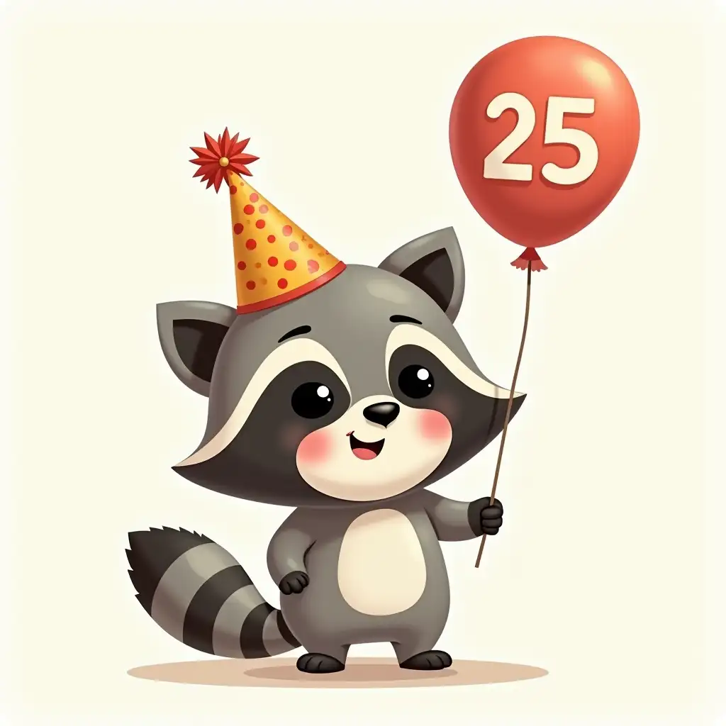 Cute cartoon-style raccoon with a festive cap on his head and a balloon in his hand, which says 25