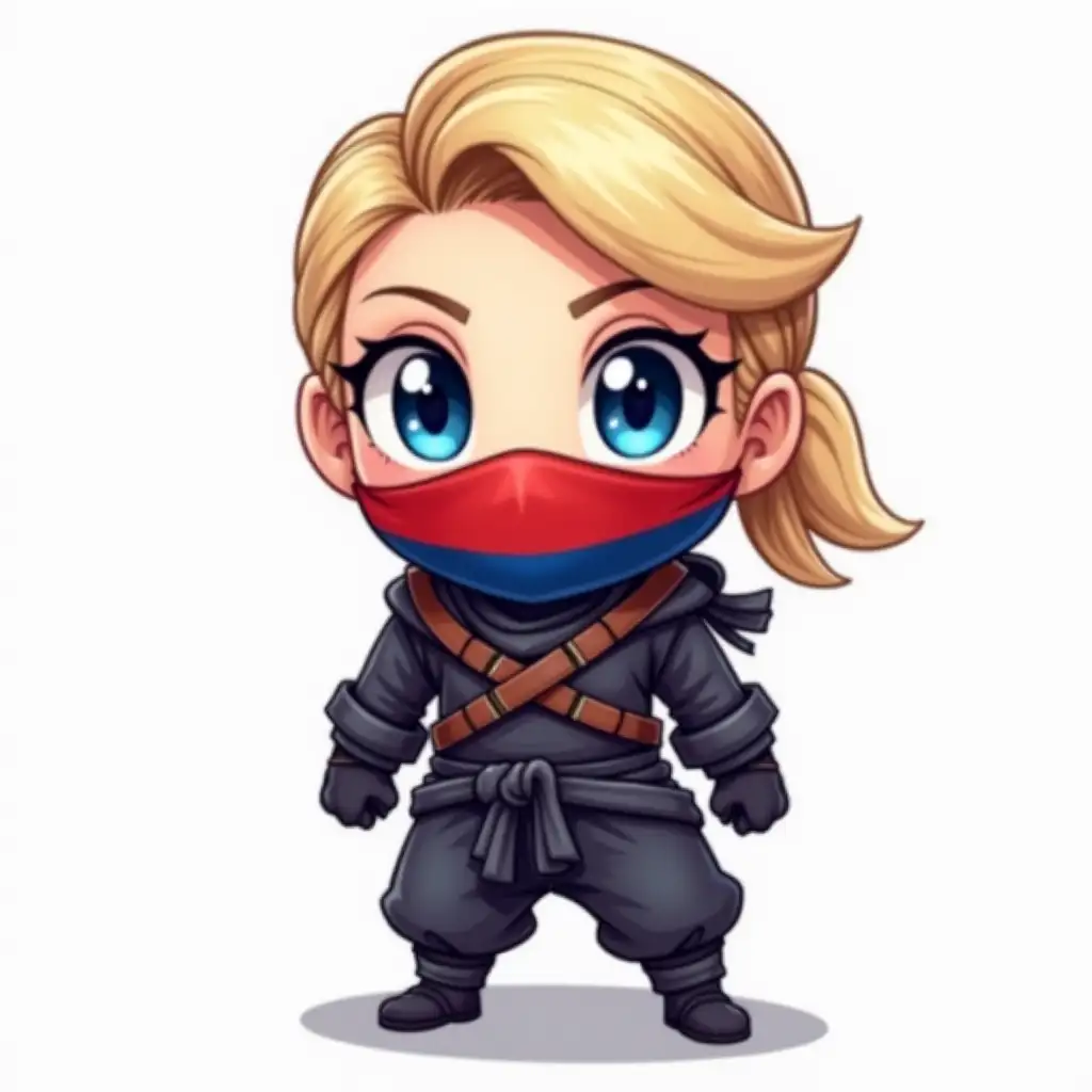 a Serbian female blonde blue eyed ninja to use as slack emoji, incorporate the Serbian flag colors red white and blue somewhere in her outfit, cute comic style. use transparent background, very simple style for small emoji, show upper body and head