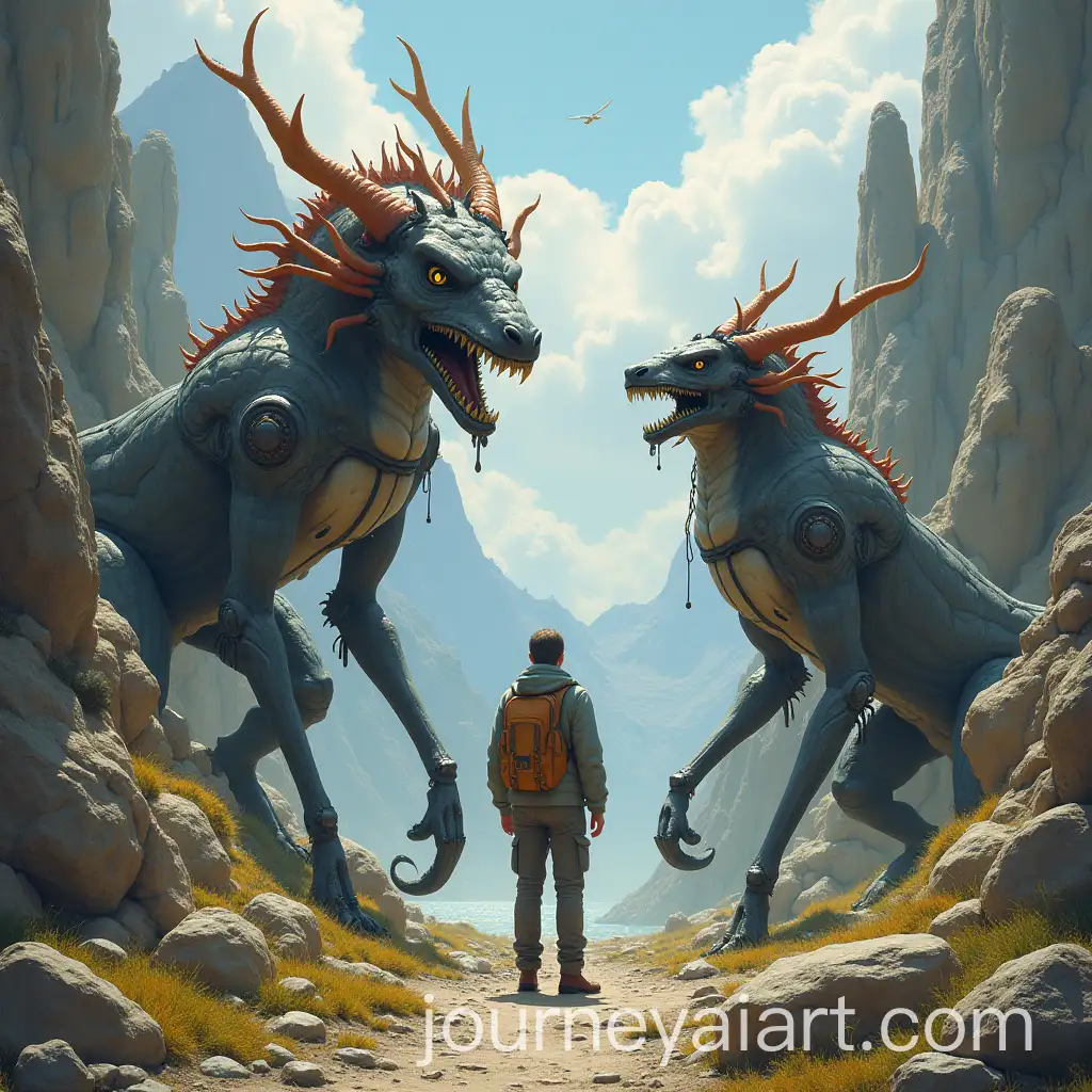 Mythical-Mechanical-Creatures-Surrounding-a-Man-in-Rocky-Mountains